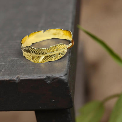 Gold Feather Bracelet & Ring Combo – Elegant Nature-Inspired Set