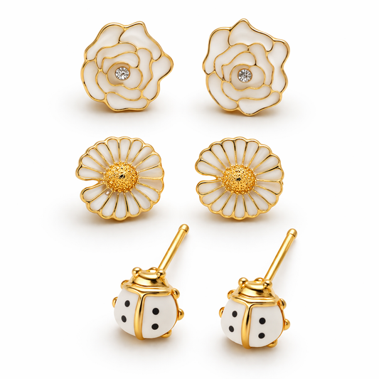 Kids White Enamel Stud Earrings – Set of 3 Pairs (Rose, Daisy & Ladybug)