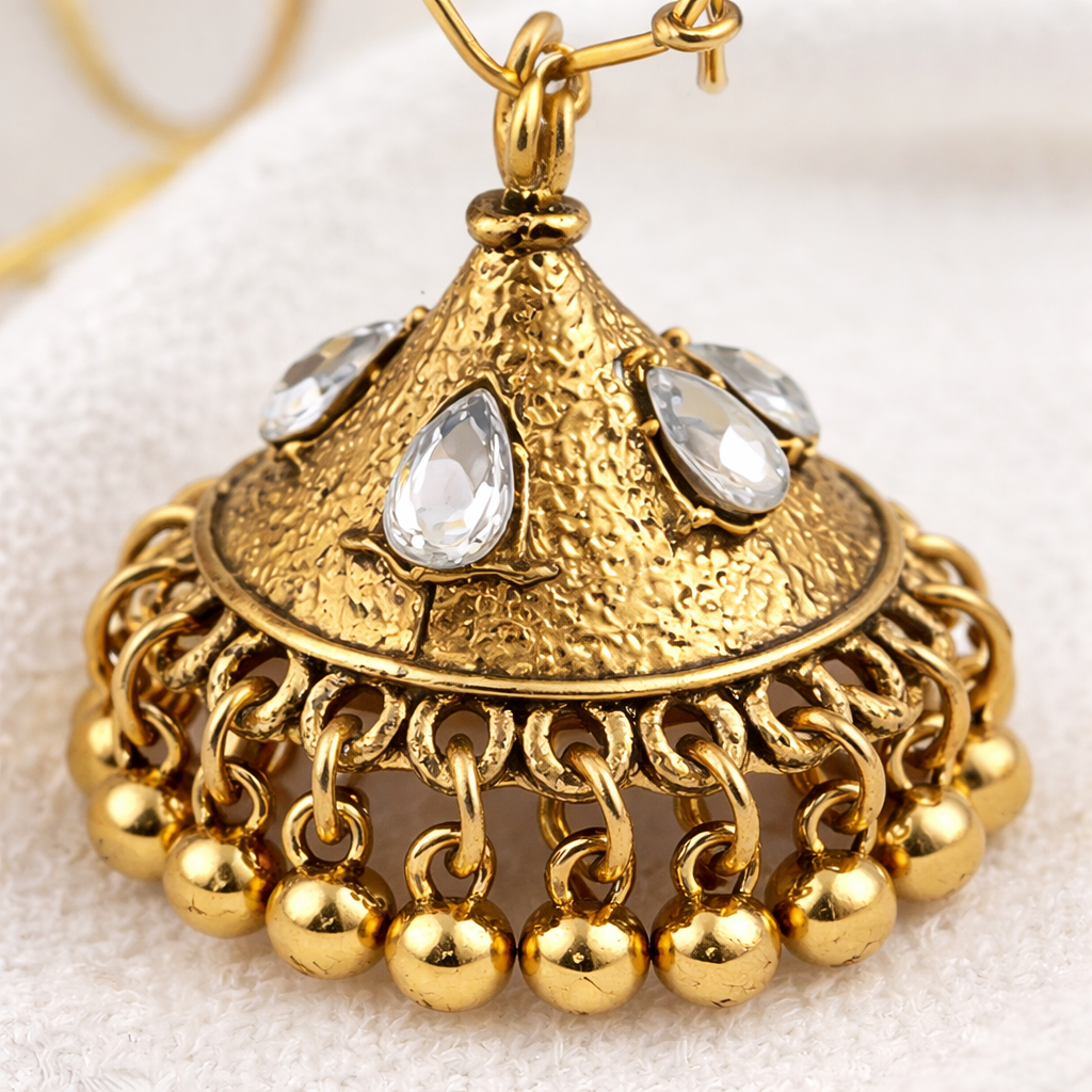 Antique Gold Jhumka Hoop Earrings with Kundan Stones & Ghungroo Drops