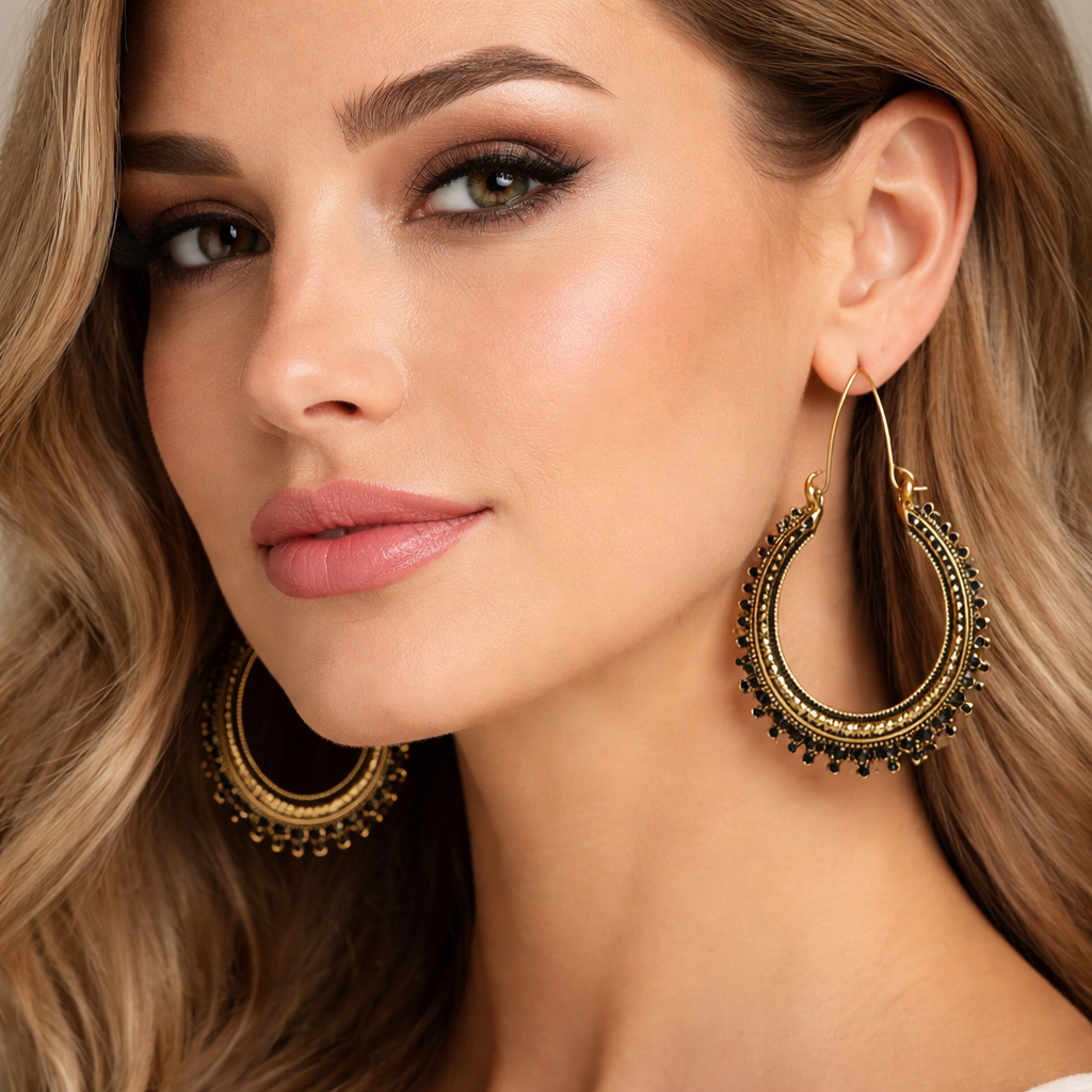 Antique gold-plated hoop earrings with black stone accents by Jinam, showcasing elegant jewelry design.