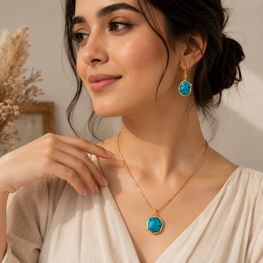 18K Gold Plated Turquoise Stone Necklace & Earrings Set