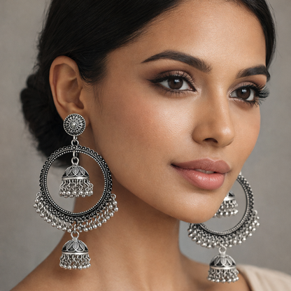 Oxidised silver hoop earrings with dual jhumka design, featuring intricate detailing and traditional craftsmanship by Jinam.