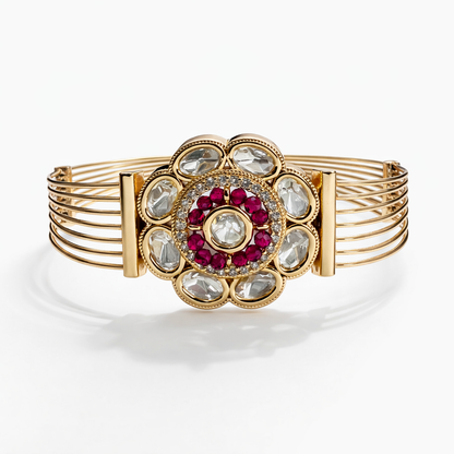 Rose gold Ruby Kundan adjustable bracelet with intricate design and gemstone accents, by Jinam.