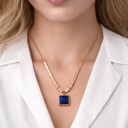 Rose Gold Geometric Blue Stone Square Pendant Necklace