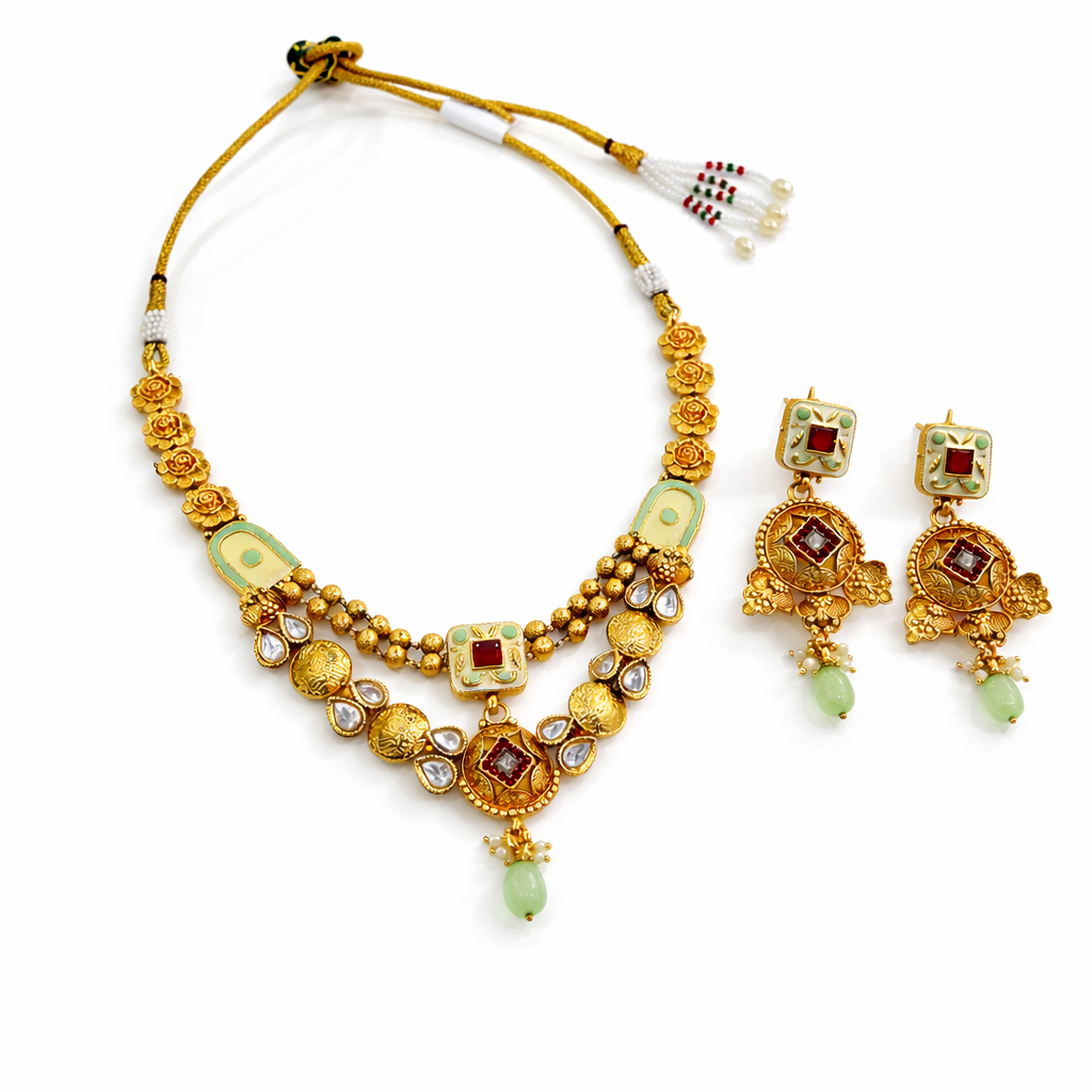 Royal Kundan Antique Gold Necklace Set with Green Beads & Matching Earrings