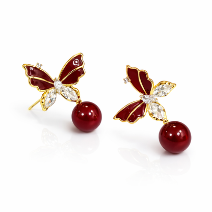 Ruby Butterfly Pearl Drop Earrings with Crystal Accents