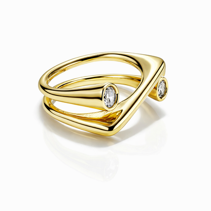Gold plated dual crystal open band ring by Jinam with adjustable size, featuring sparkling crystals and a sleek, modern design.
