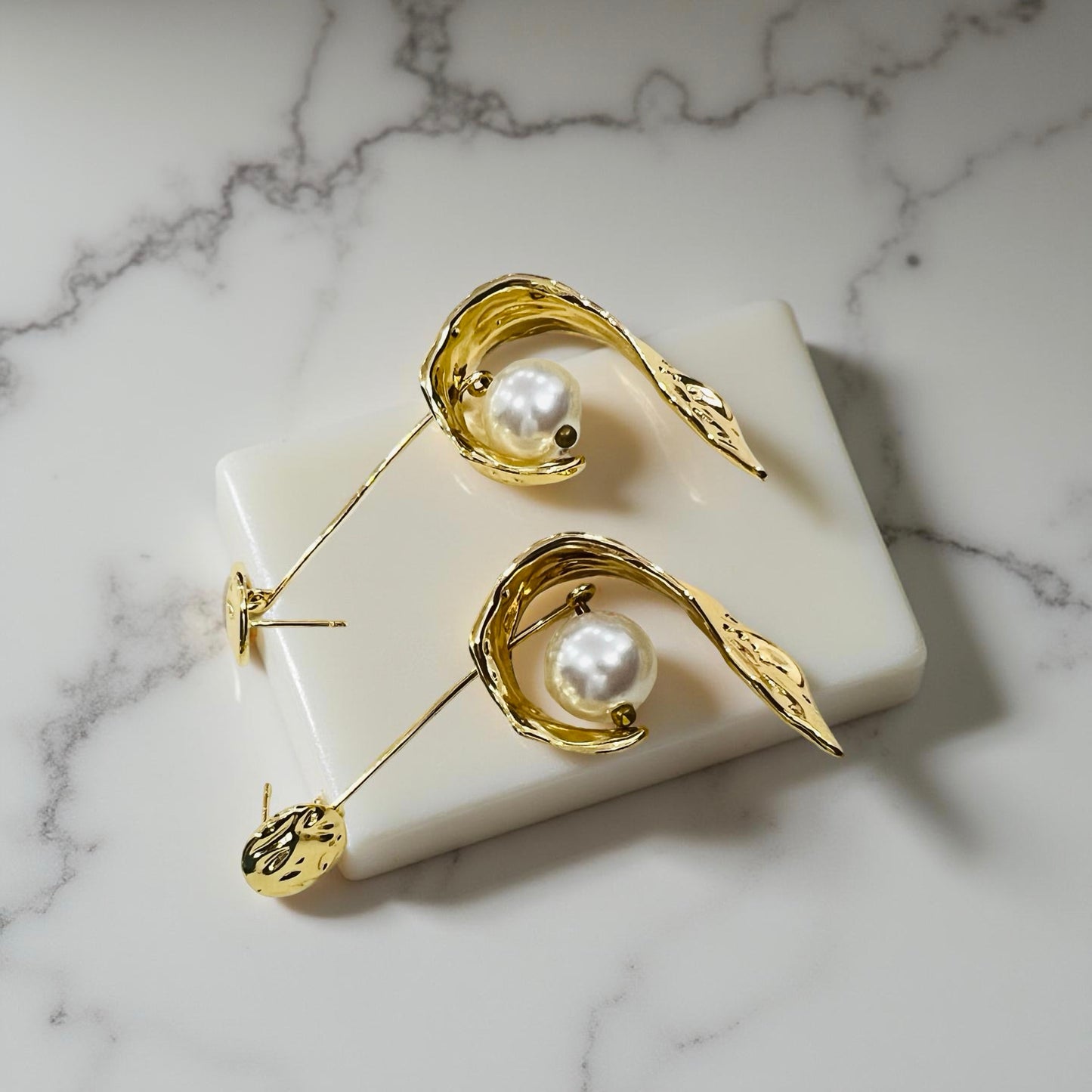 Sculpted Gold-Tone Pearl Drop Earrings
