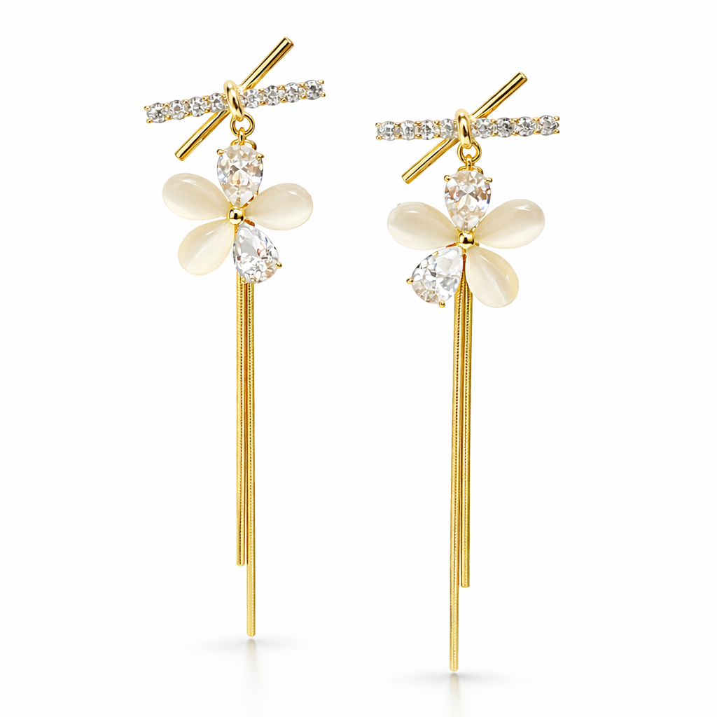 Luxury Floral Crystal Long Drop Earrings