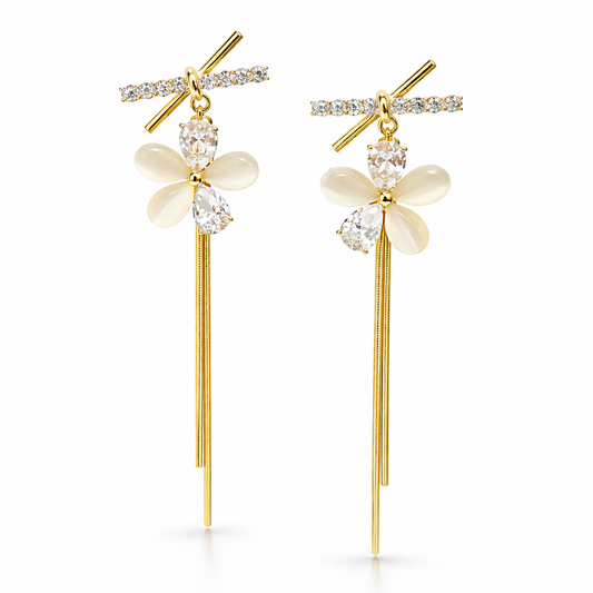 Luxury Floral Crystal Long Drop Earrings