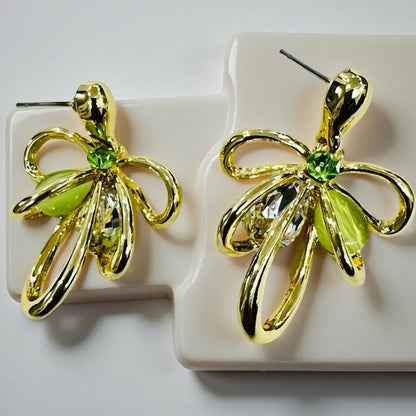 Elegant Green Crystal Bow Pendant with Chain & Matching Earrings