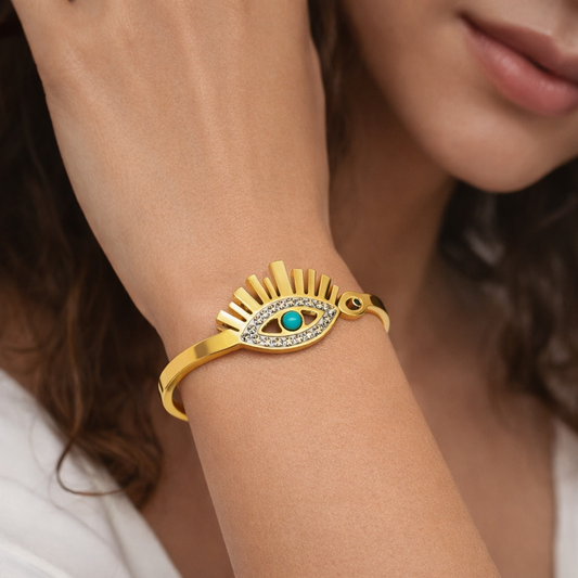 Sunburst Evil Eye Gold Bracelet with Crystal Accents