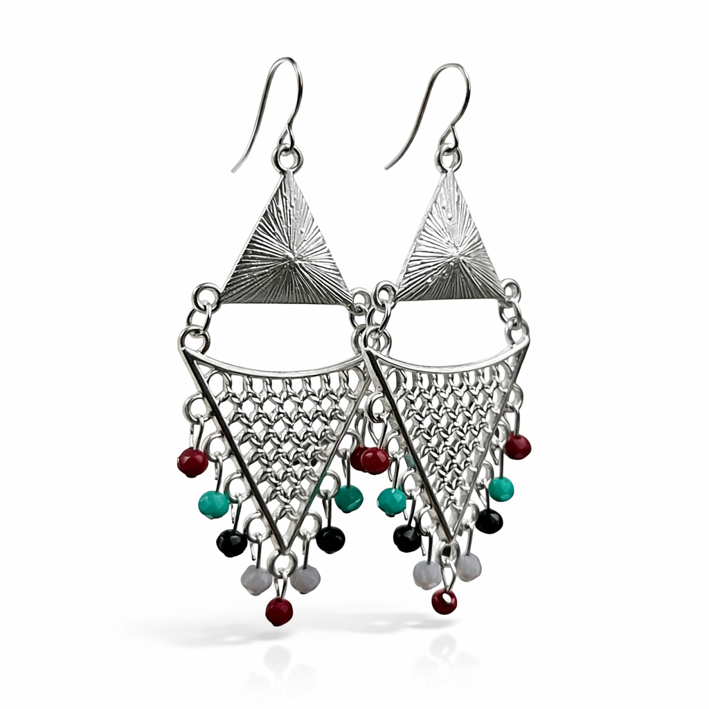 Oxidised silver triangle dangler earrings with colorful beads by Jinam, featuring intricate design and vibrant multicolor accents.