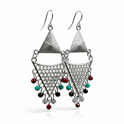 Oxidised silver triangle dangler earrings with colorful beads by Jinam, featuring intricate design and vibrant multicolor accents.