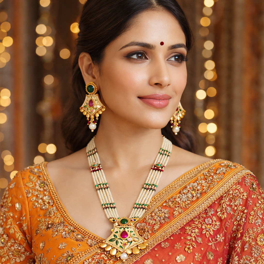 Jinam Meenakari Pearl Kundan imitation necklace set with intricate design and pearl accents, traditional jewelry for special occasions.