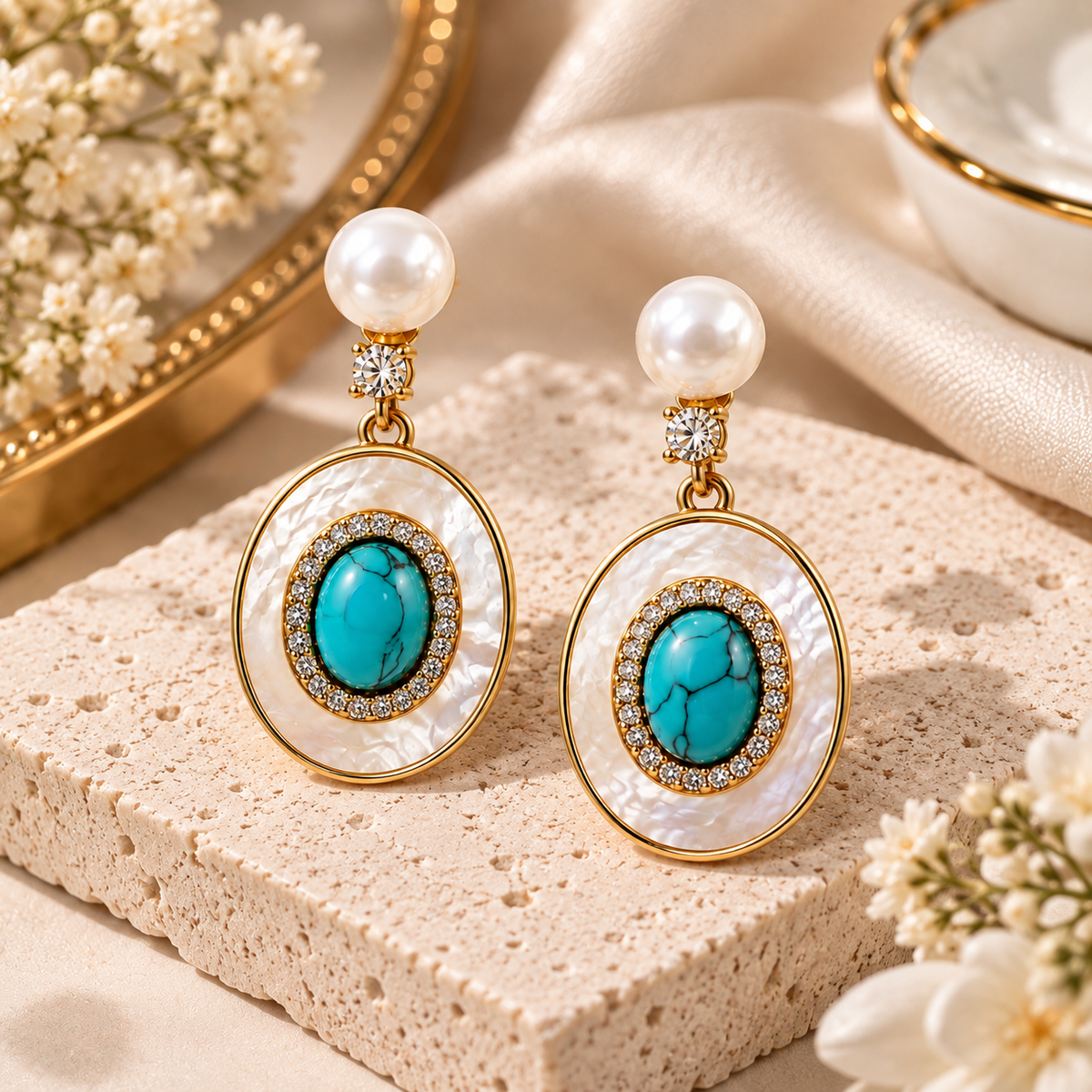 Golden Turquoise Oval Drop Earrings
