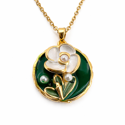 Emerald Bloom Pearl Floral Chain Pendant