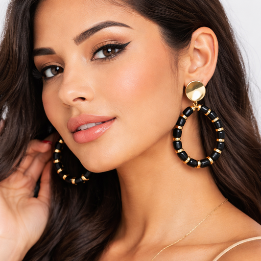 Black Cylinder Bead & Gold Disc Hoop Drop Earrings with Coin Stud Top