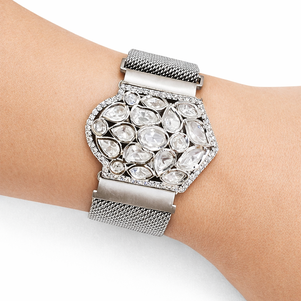 Silver Radiance Magnetic Mesh Bracelet by Jinam featuring a sleek, woven design with magnetic clasp for stylish wear.