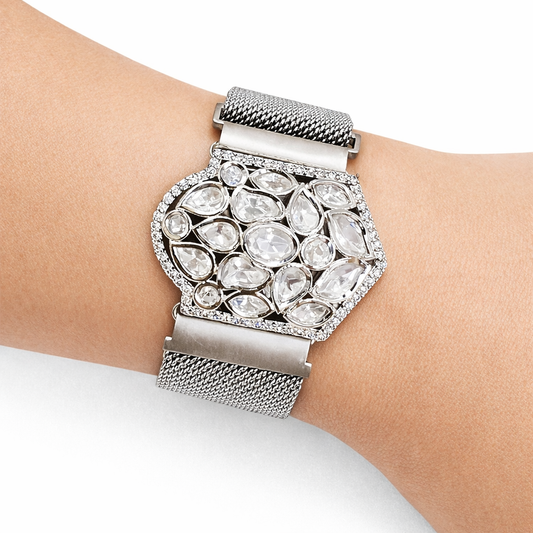 Silver Radiance Magnetic Mesh Bracelet by Jinam featuring a sleek, woven design with magnetic clasp for stylish wear.