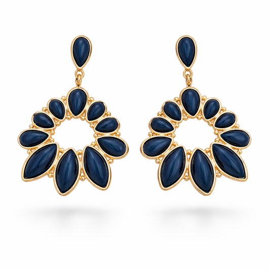 Navy Blue Stone Floral Wreath Drop Earrings in Gold-Tone