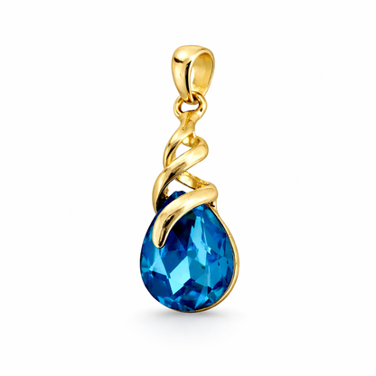 Gold-plated blue tear-drop stone jewelry pendant set with matching earrings by Jinam, featuring elegant tear-drop design.