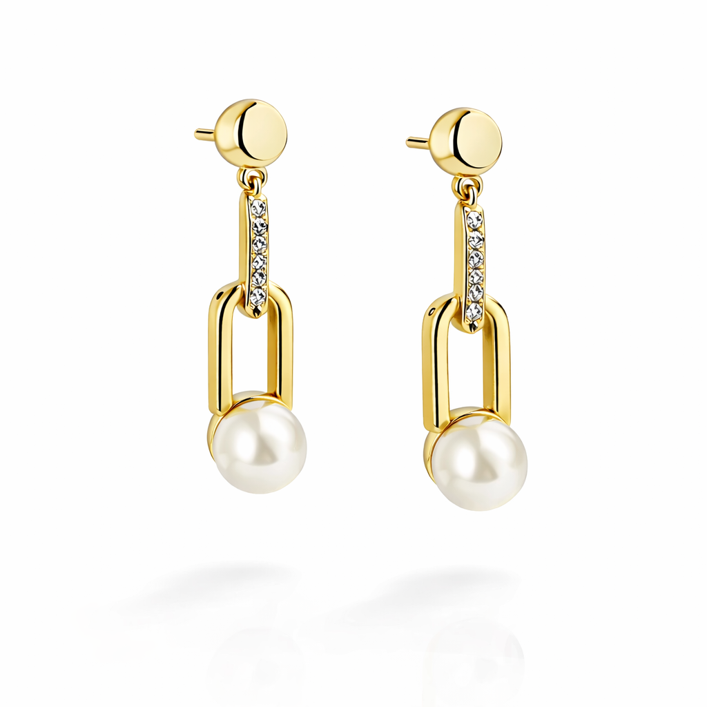 Gold-plated pearl link jewelry set by Jinam featuring a pendant necklace, earrings, and ring with CZ accents and anti-tarnish finish.