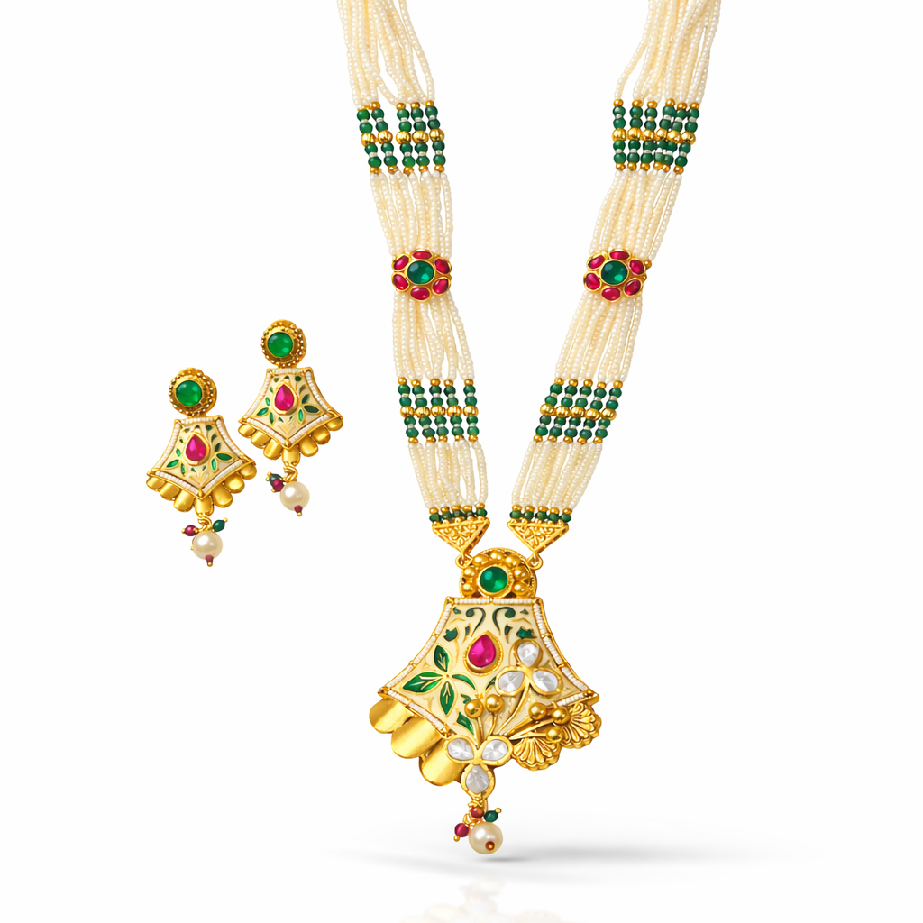 Jinam Meenakari Pearl Kundan imitation necklace set with intricate design and pearl accents displayed on a white background.