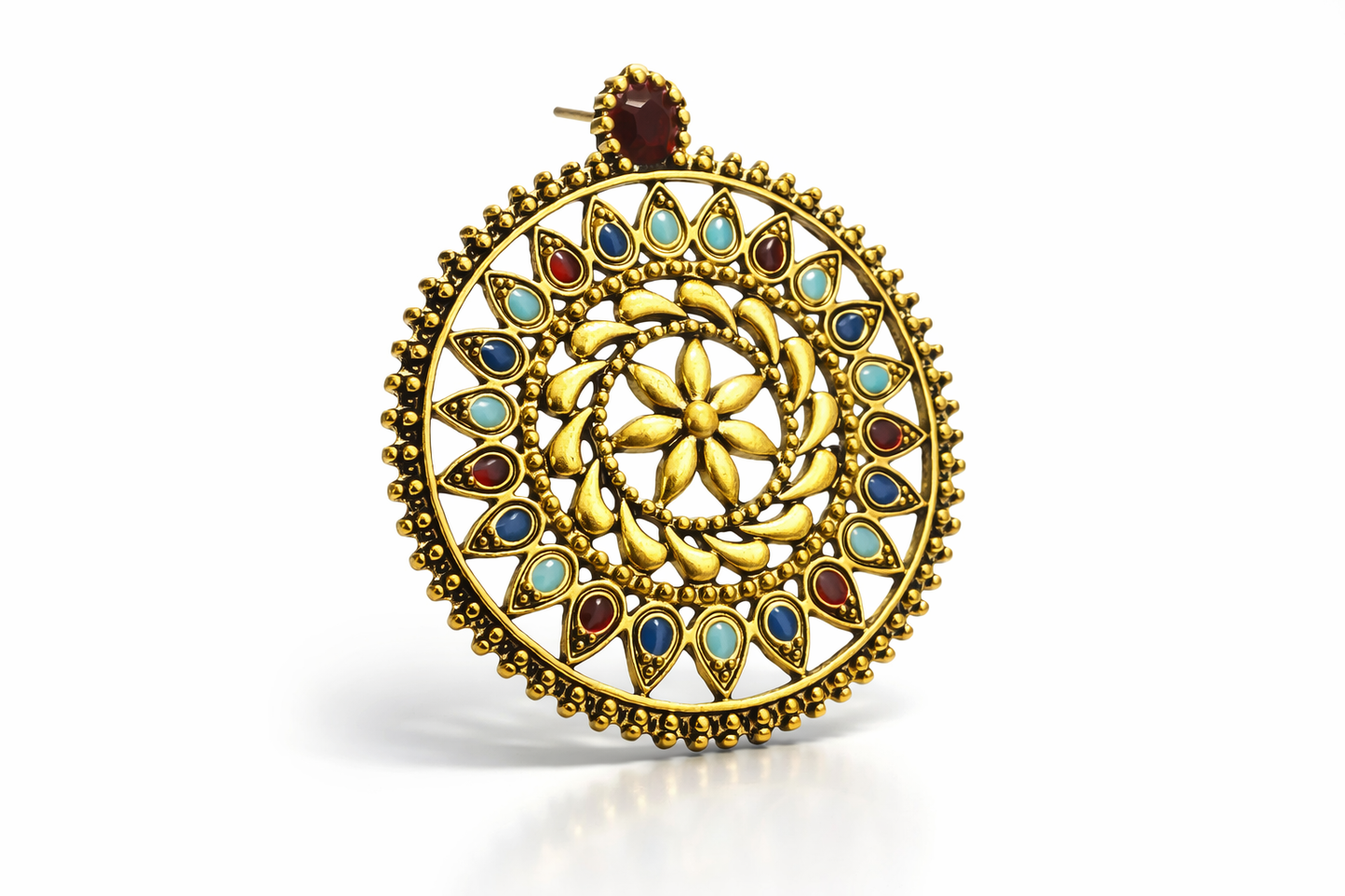 Antique Gold Floral Mandala Stud Earrings with Turquoise & Ruby Stones