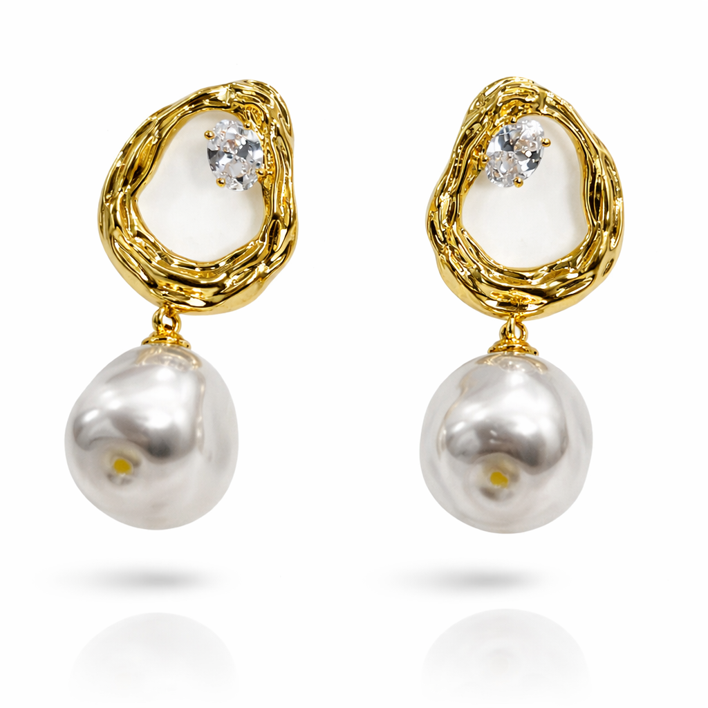 Textured Gold & Pearl Drop Stud Earrings