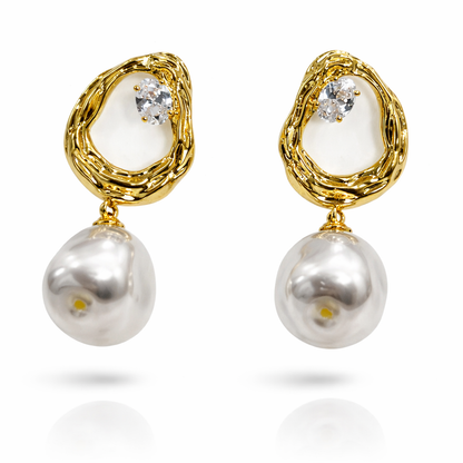 Textured Gold & Pearl Drop Stud Earrings