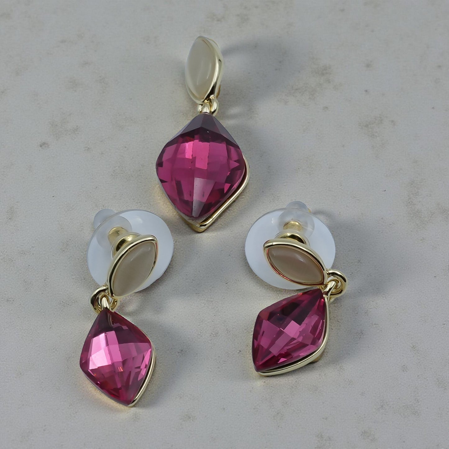 Ruby Pink Crystal Pendant & Earrings Set – Gold-Plated