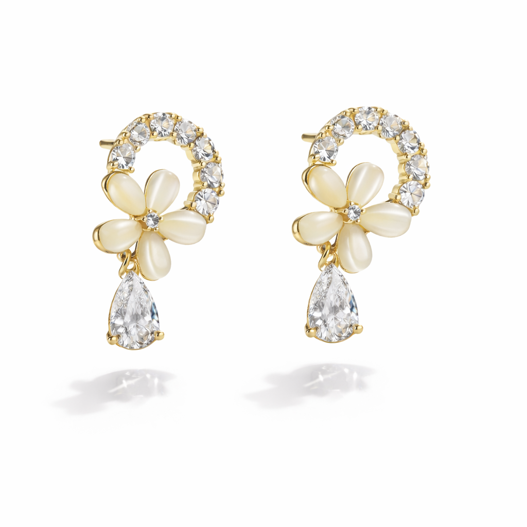 Floral Pearl & Crystal Drop Stud Earrings