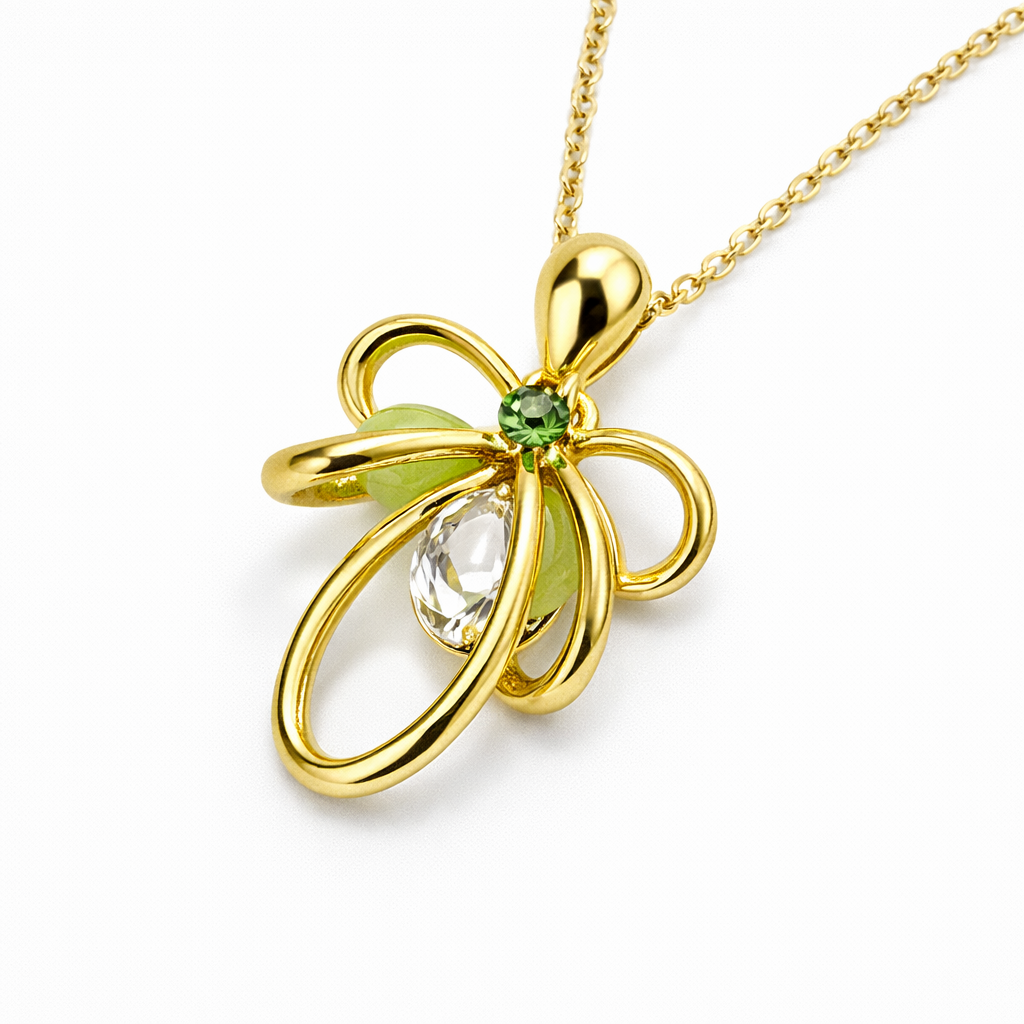Elegant green crystal bow pendant set with matching earrings and chain by Jinam, featuring sparkling crystal details and delicate design.