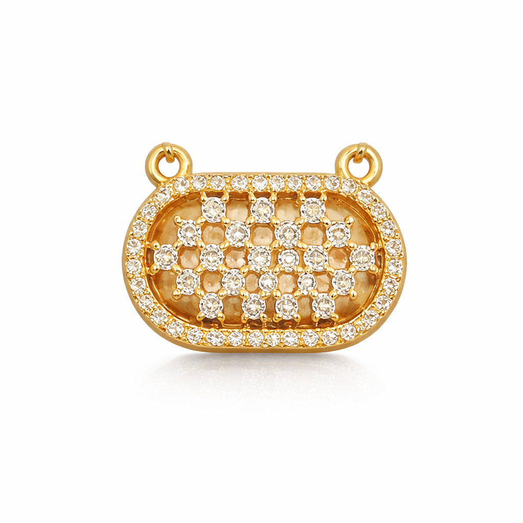 Lattice oval CZ mangalsutra pendant in gold finish with intricate design, crafted by Jinam for traditional Indian jewelry.