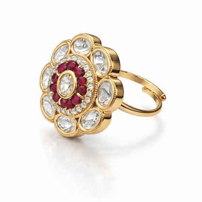 Jinam Ruby Polki floral ring with antique gold finish, featuring intricate floral design and sparkling ruby accents.
