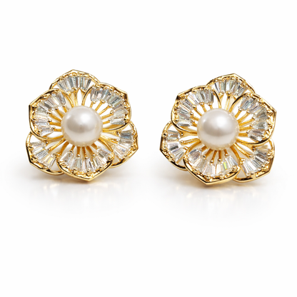 Classic Floral Pearl & Crystal Stud Earrings
