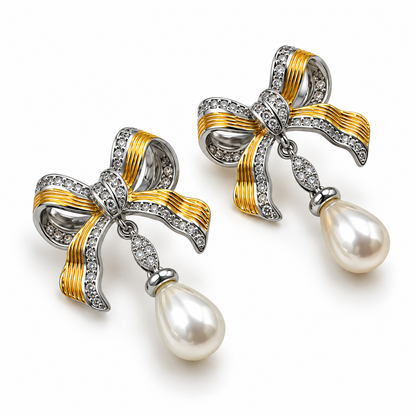 Dual-Tone Bow Pearl-Effect Drop Earrings
