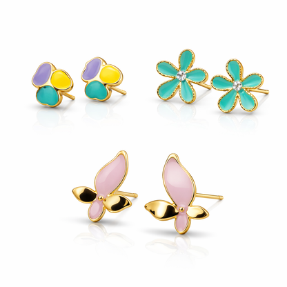 Kids Enamel Stud Earrings – Set of 3 Pairs (Butterfly, Daisy & Clover)