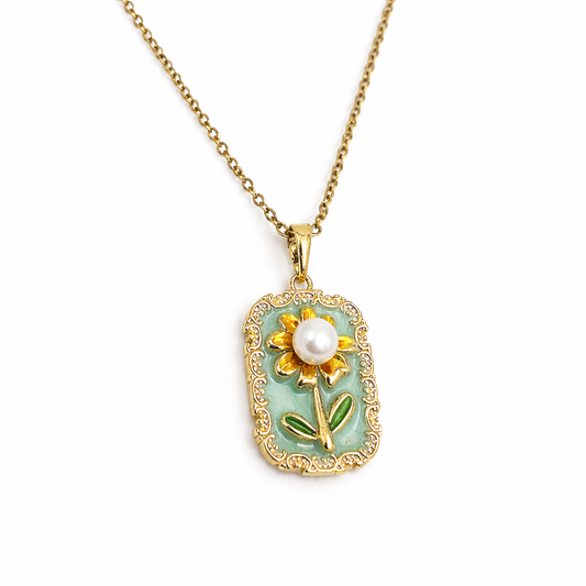 Vintage Pearl Sunflower Enamel Chain Pendant