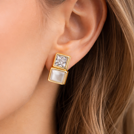 Dual Square Diamond & Pearl Gold Stud Earrings