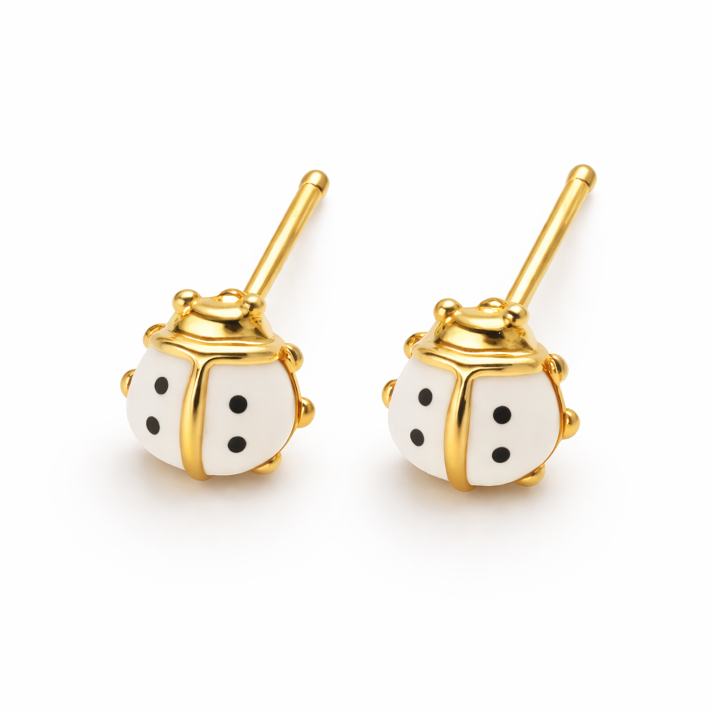 Kids White Enamel Stud Earrings – Set of 3 Pairs (Rose, Daisy & Ladybug)