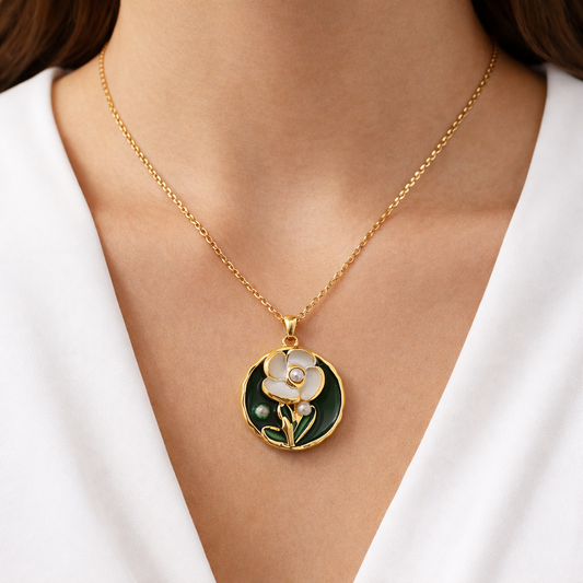 Emerald Bloom Pearl Floral Chain Pendant