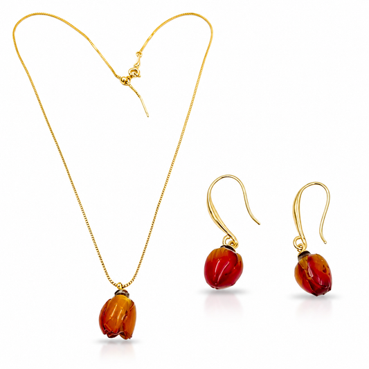 18K Gold Plated Amber Floral Necklace & Earrings Set | Jinam
