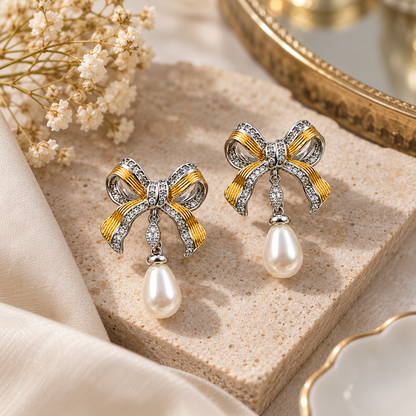 Dual-Tone Bow Pearl-Effect Drop Earrings