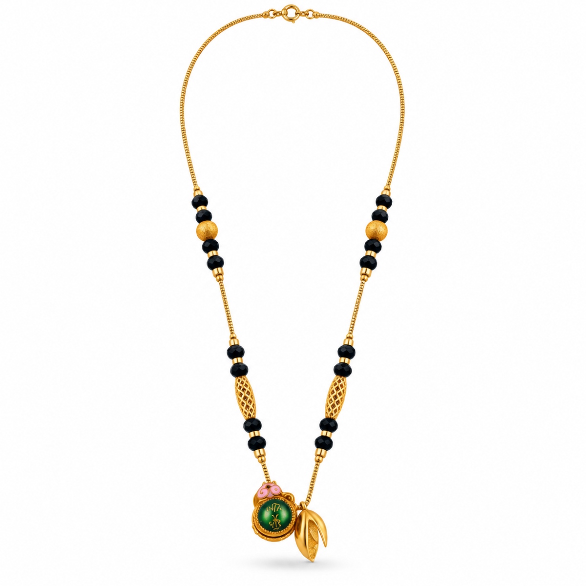 Black Beaded Green Medallion Leaf Drop Mangalsutra