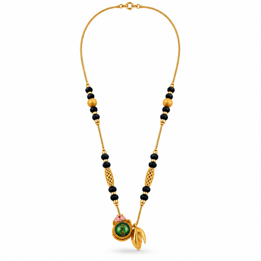 Black Beaded Green Medallion Leaf Drop Mangalsutra
