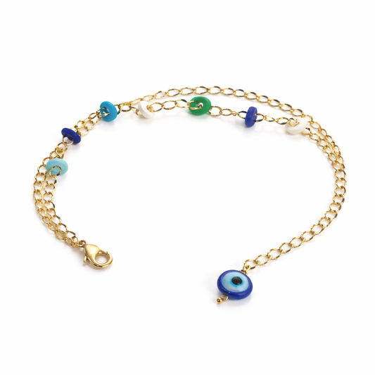 Colorful charm chain bracelet by Jinam featuring vibrant beads and metal charms on a delicate chain.