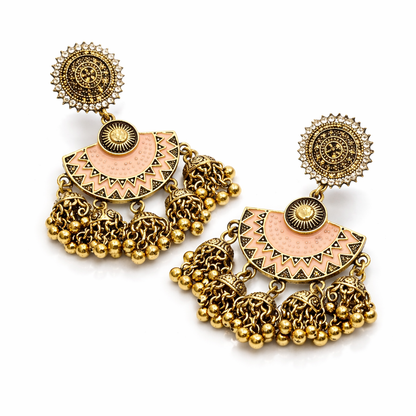 Gold-plated peach enamel dangler earrings with jhumka drops from Jinam, featuring intricate detailing and traditional design.