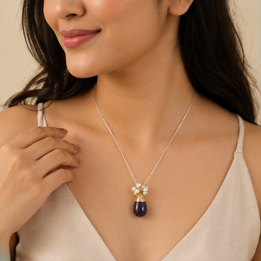 Amethyst Drop & Pearl Cluster Pendant Necklace – Silver Chain
